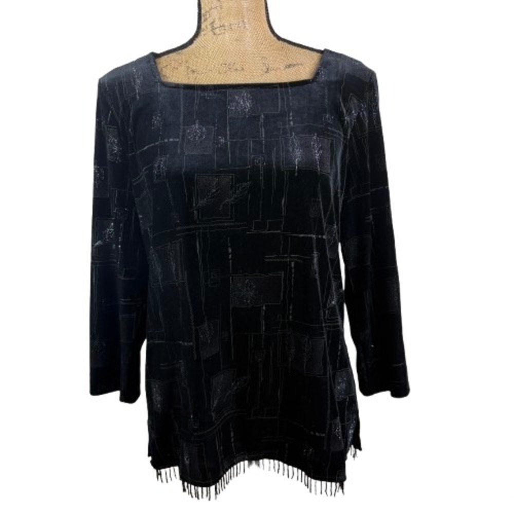 Vintage Caribou‎ New York Velvet Fringe Trim Blouse Black Witchy Size Large